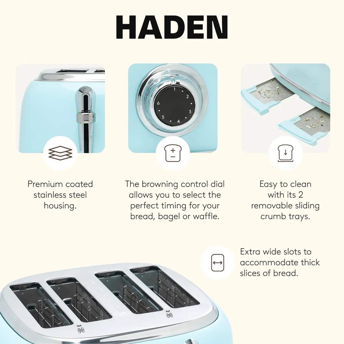 Haden Heritage 4 Slice Wide Slot Stainless Steel Toaster with Adjustable Browning & Non-Slip Feet, Turquoise & Chrome | Classic Design & Modern Features - view 3