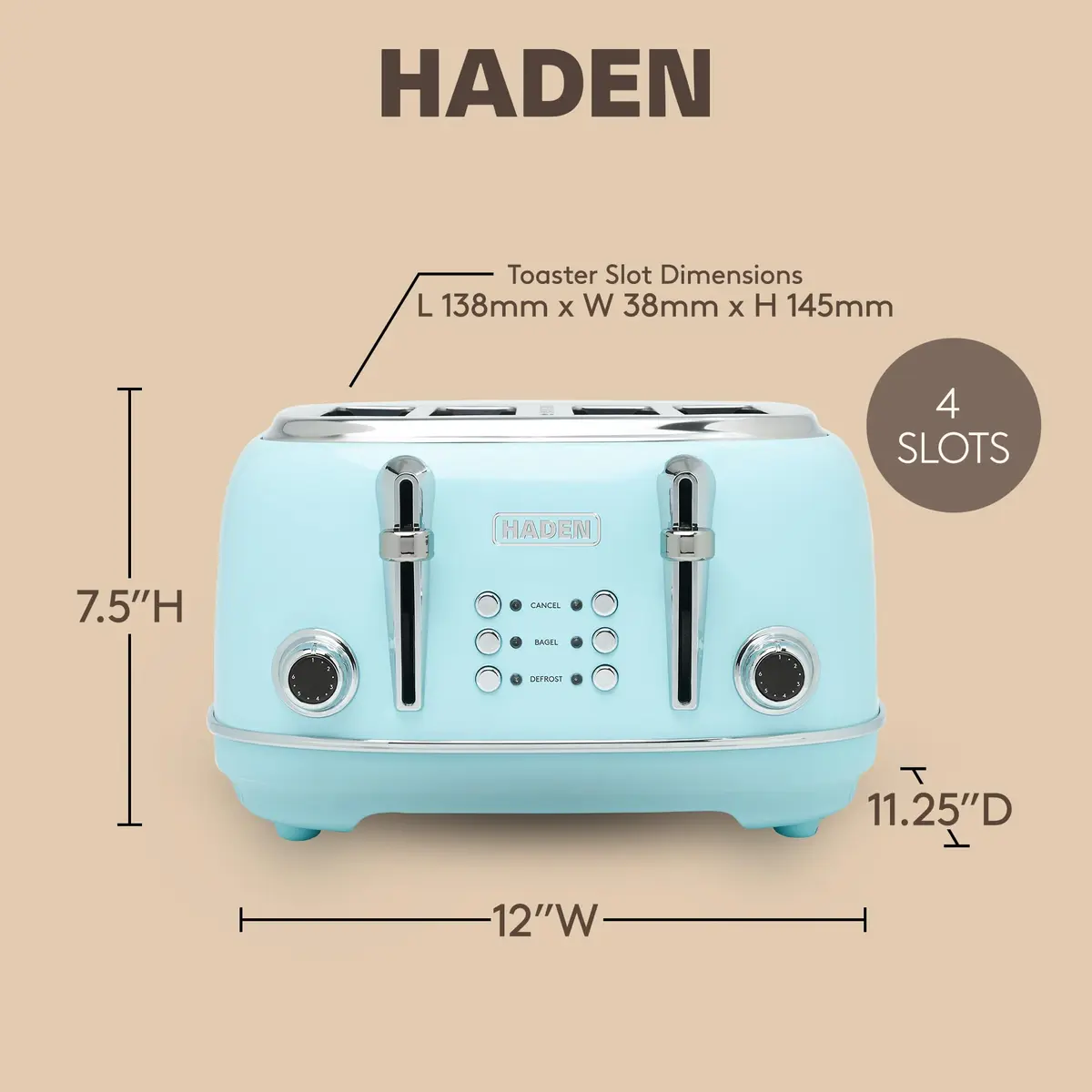 Haden Heritage 4 Slice Wide Slot Stainless Steel Toaster with Adjustable Browning & Non-Slip Feet, Turquoise & Chrome | Classic Design & Modern Features - view 4