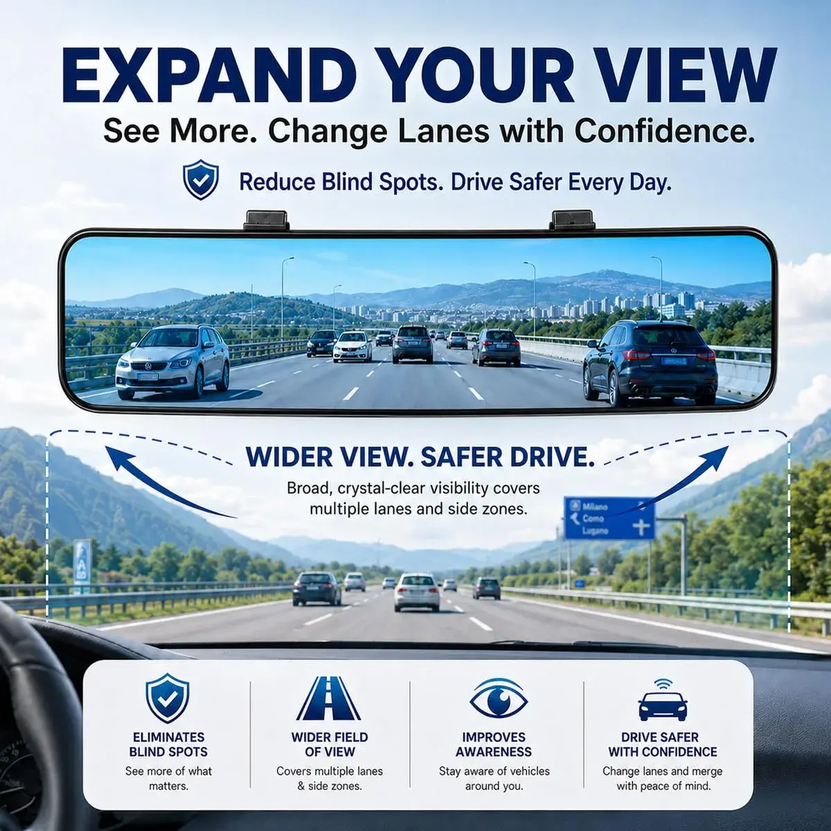 SkycropHD Blue Anti Glare Wide Angle Car Rearview Mirror 29.5cm (11.6'') | Reduces Blind Spots & Headlight Glare - view 2