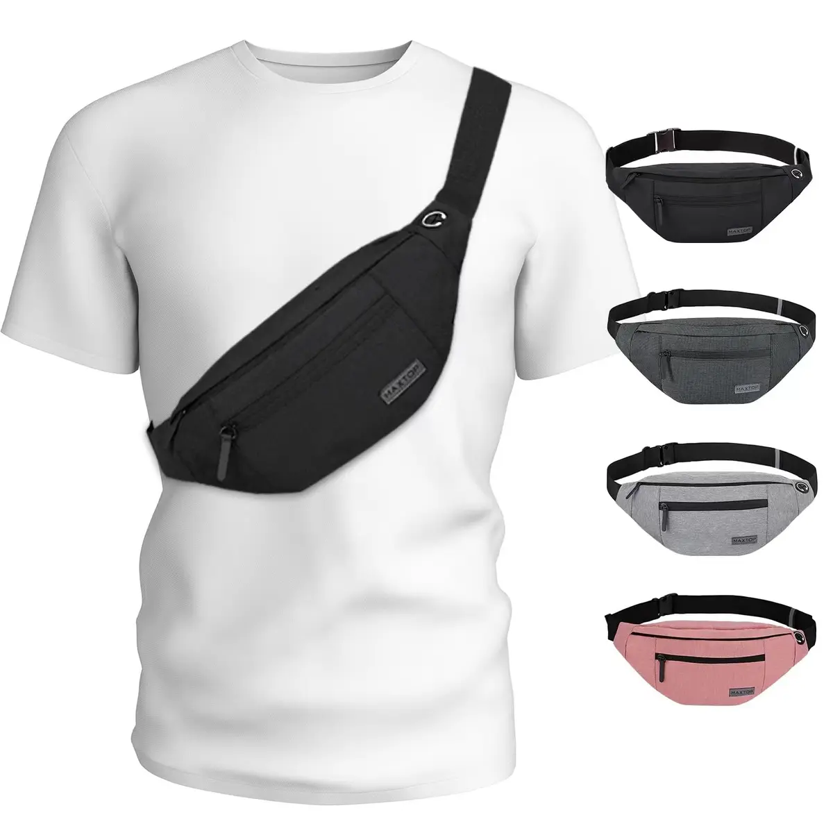MAXTOP Large Fanny Pack for Women Men Crossbody Bag with 4-Zipper Pockets | Hands-Free, Adjustable Waist, Water-Resistant - main product image