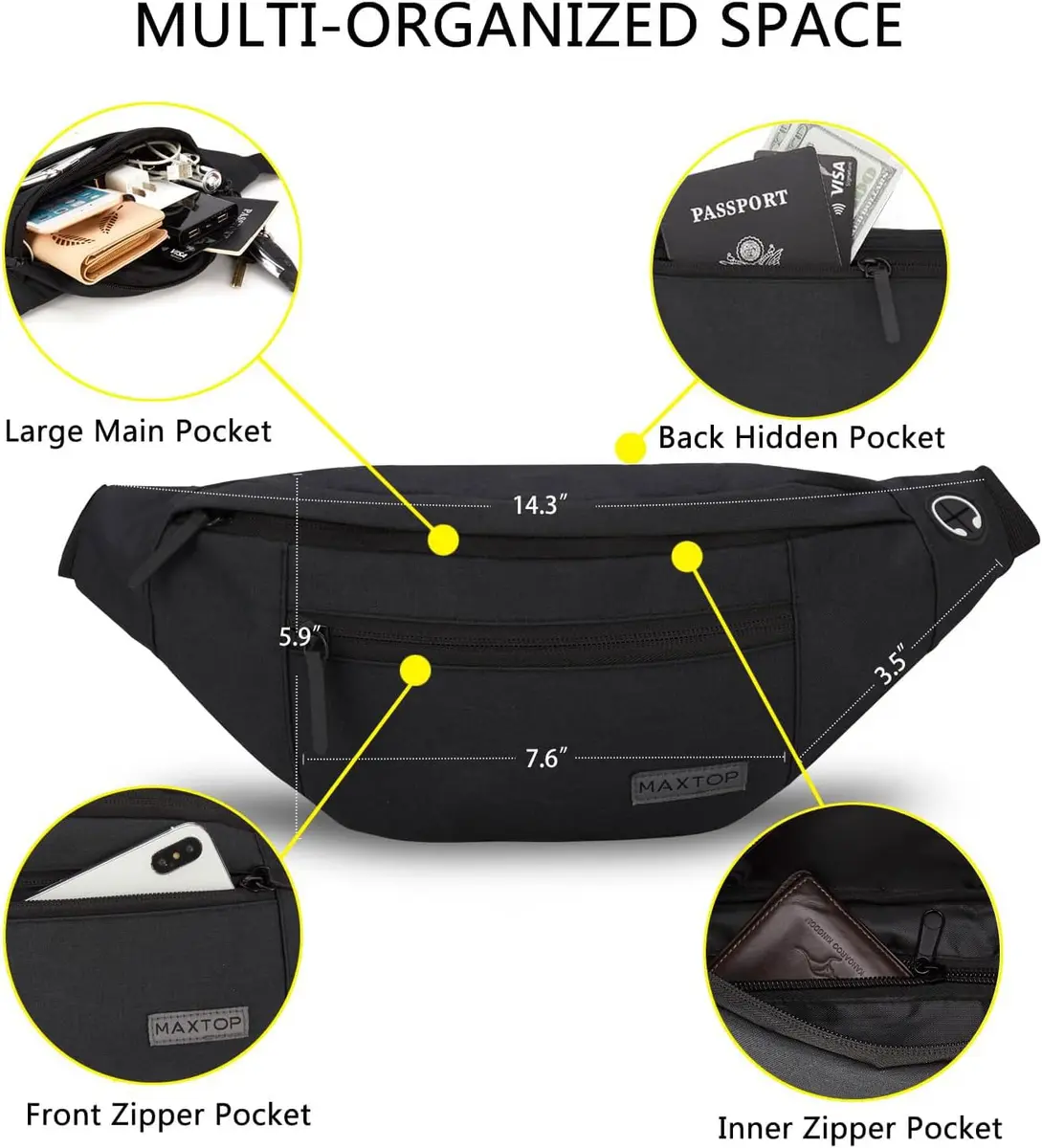 MAXTOP Large Fanny Pack for Women Men Crossbody Bag with 4-Zipper Pockets | Hands-Free, Adjustable Waist, Water-Resistant - view 3