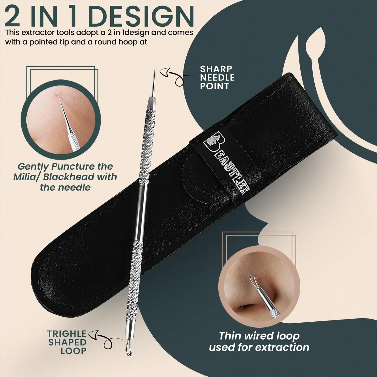 Beautlex Blackhead Remover Tool & Comedone Extractor | Stainless Steel Acne Pimple Pore Cleaner - view 2