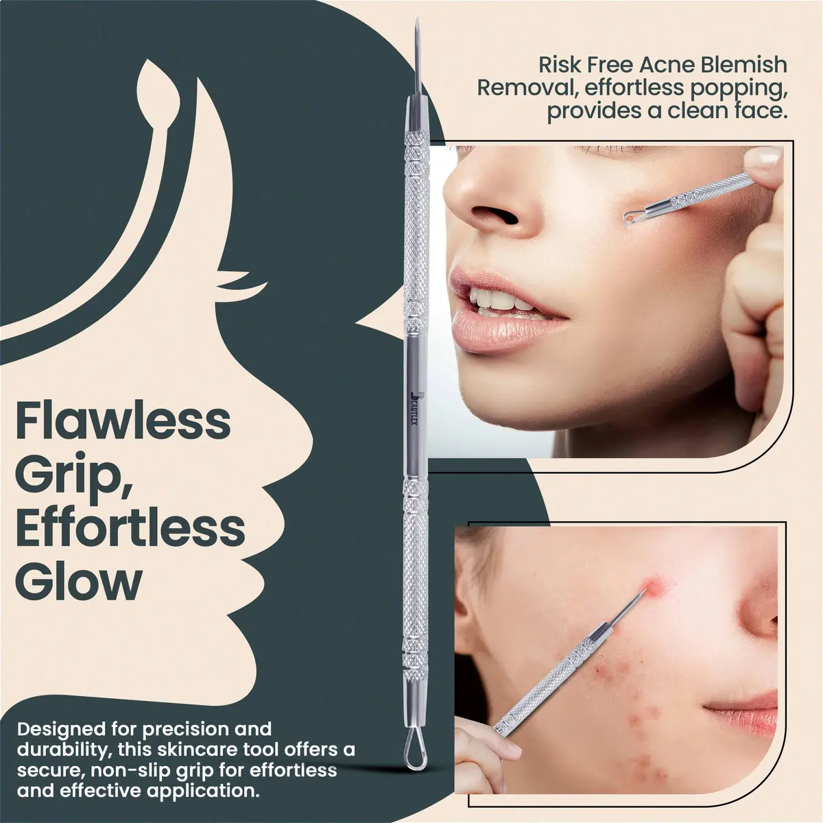 Beautlex Blackhead Remover Tool & Comedone Extractor | Stainless Steel Acne Pimple Pore Cleaner - view 3