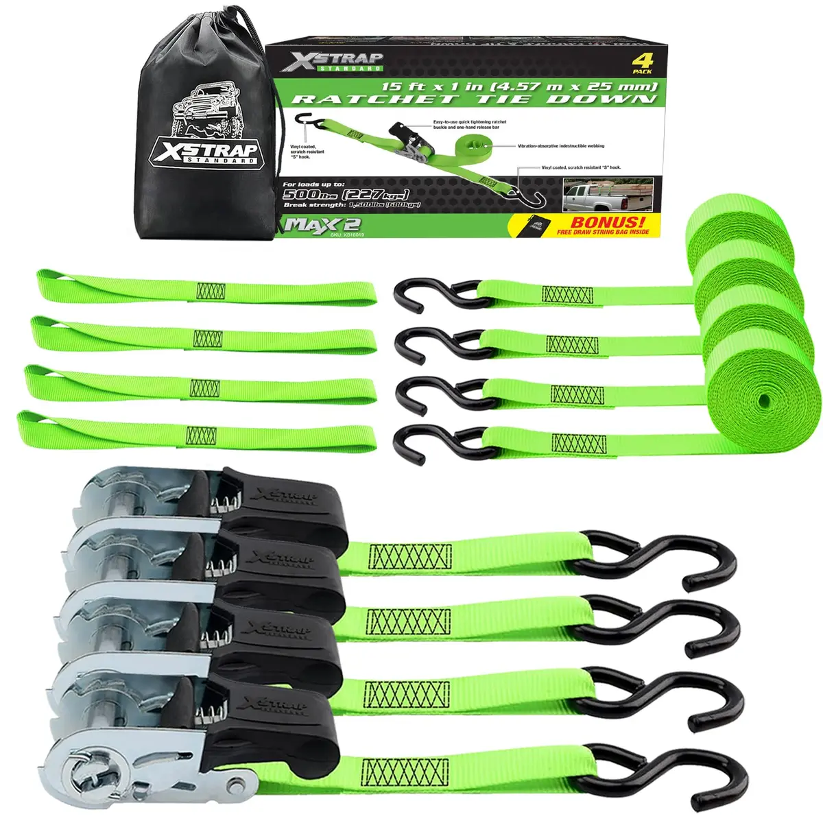XSTRAP STANDARD 4 Pack 1" x 15Ft Ratchet Tie Down Straps with 4 Soft Loops | Heavy-Duty Cargo Securing in Green - main product image