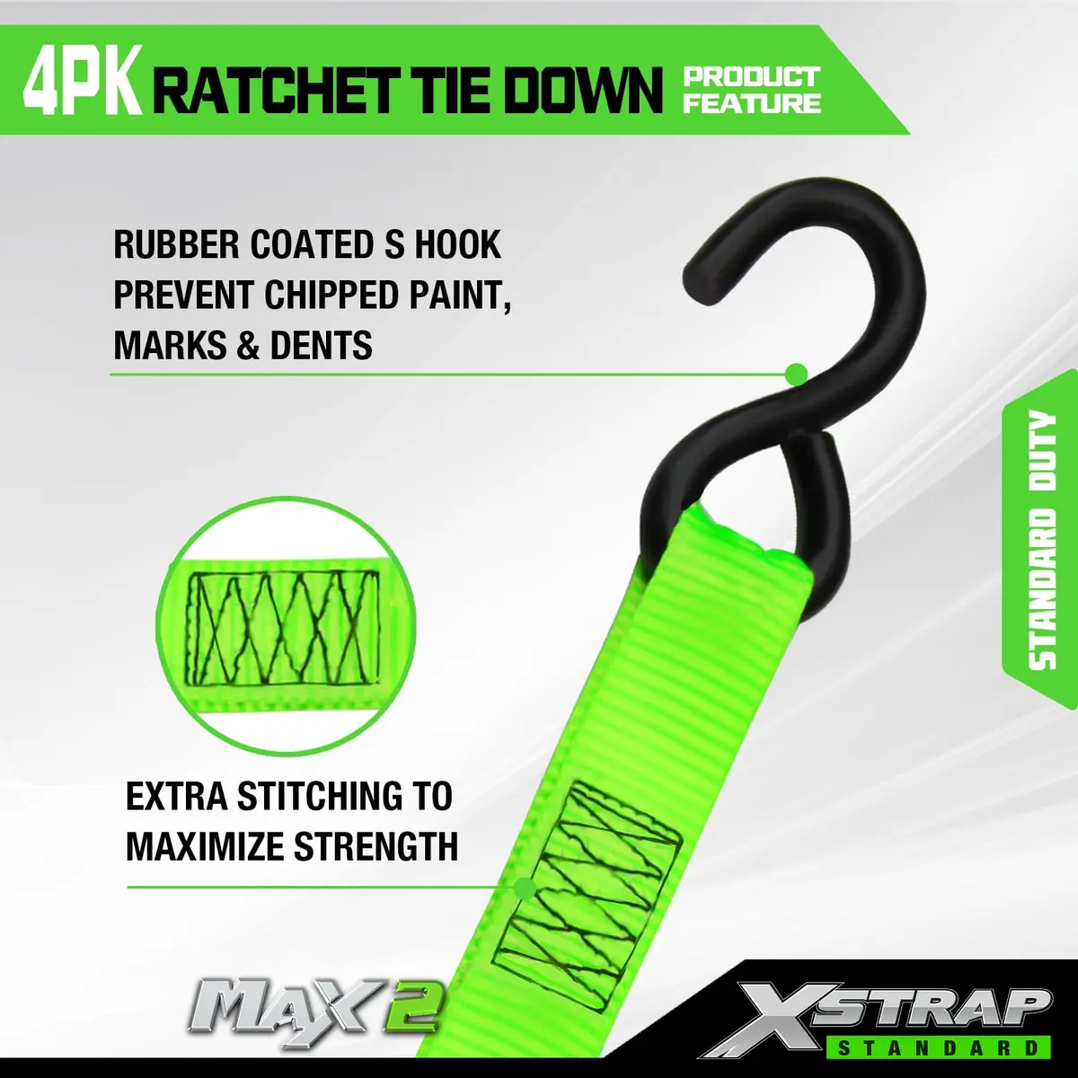 XSTRAP STANDARD 4 Pack 1" x 15Ft Ratchet Tie Down Straps with 4 Soft Loops | Heavy-Duty Cargo Securing in Green - view 5