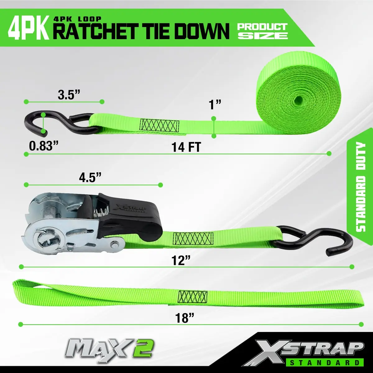 XSTRAP STANDARD 4 Pack 1" x 15Ft Ratchet Tie Down Straps with 4 Soft Loops | Heavy-Duty Cargo Securing in Green - view 6