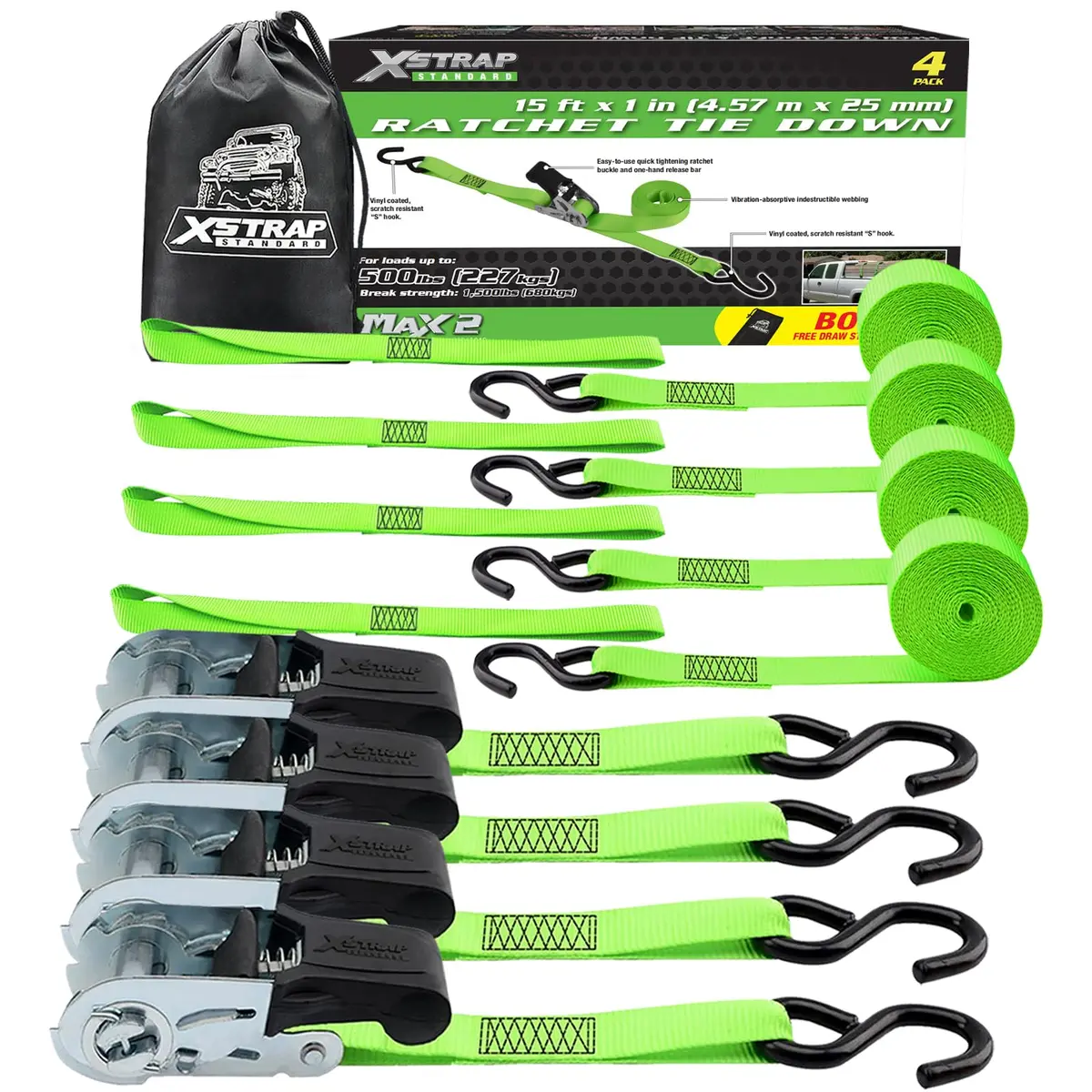 XSTRAP STANDARD 4 Pack 1" x 15Ft Ratchet Tie Down Straps with 4 Soft Loops | Heavy-Duty Cargo Securing in Green - view 7