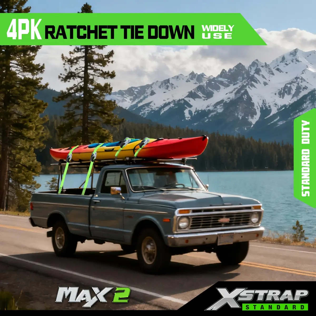 XSTRAP STANDARD 4 Pack 1" x 15Ft Ratchet Tie Down Straps with 4 Soft Loops | Heavy-Duty Cargo Securing in Green - view 2