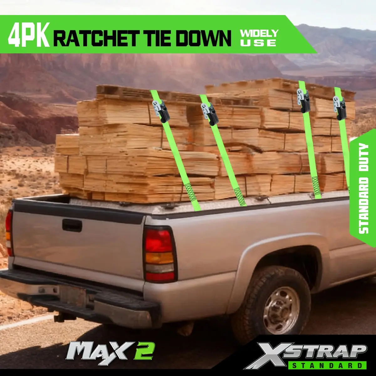 XSTRAP STANDARD 4 Pack 1" x 15Ft Ratchet Tie Down Straps with 4 Soft Loops | Heavy-Duty Cargo Securing in Green - view 3