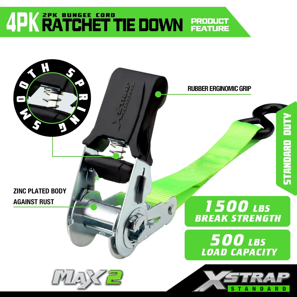 XSTRAP STANDARD 4 Pack 1" x 15Ft Ratchet Tie Down Straps with 4 Soft Loops | Heavy-Duty Cargo Securing in Green - view 4