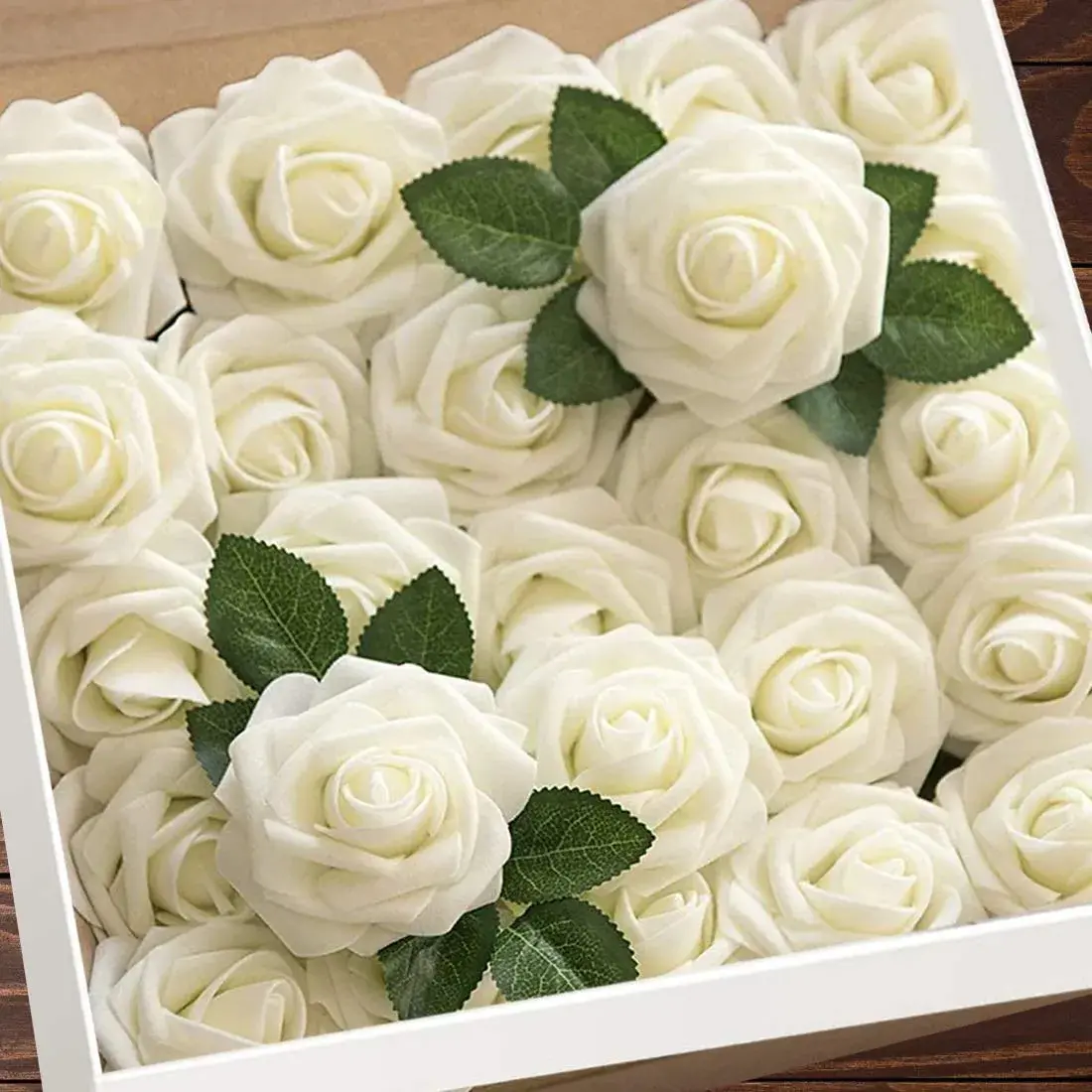Higfra Artificial Latex Foam Roses with Stems (25 Count, Cream) | Realistic Fake Flowers for DIY Arrangements - main product image