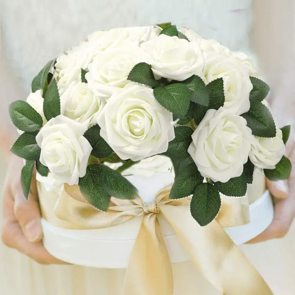Higfra Artificial Latex Foam Roses with Stems (25 Count, Cream) | Realistic Fake Flowers for DIY Arrangements - view 2