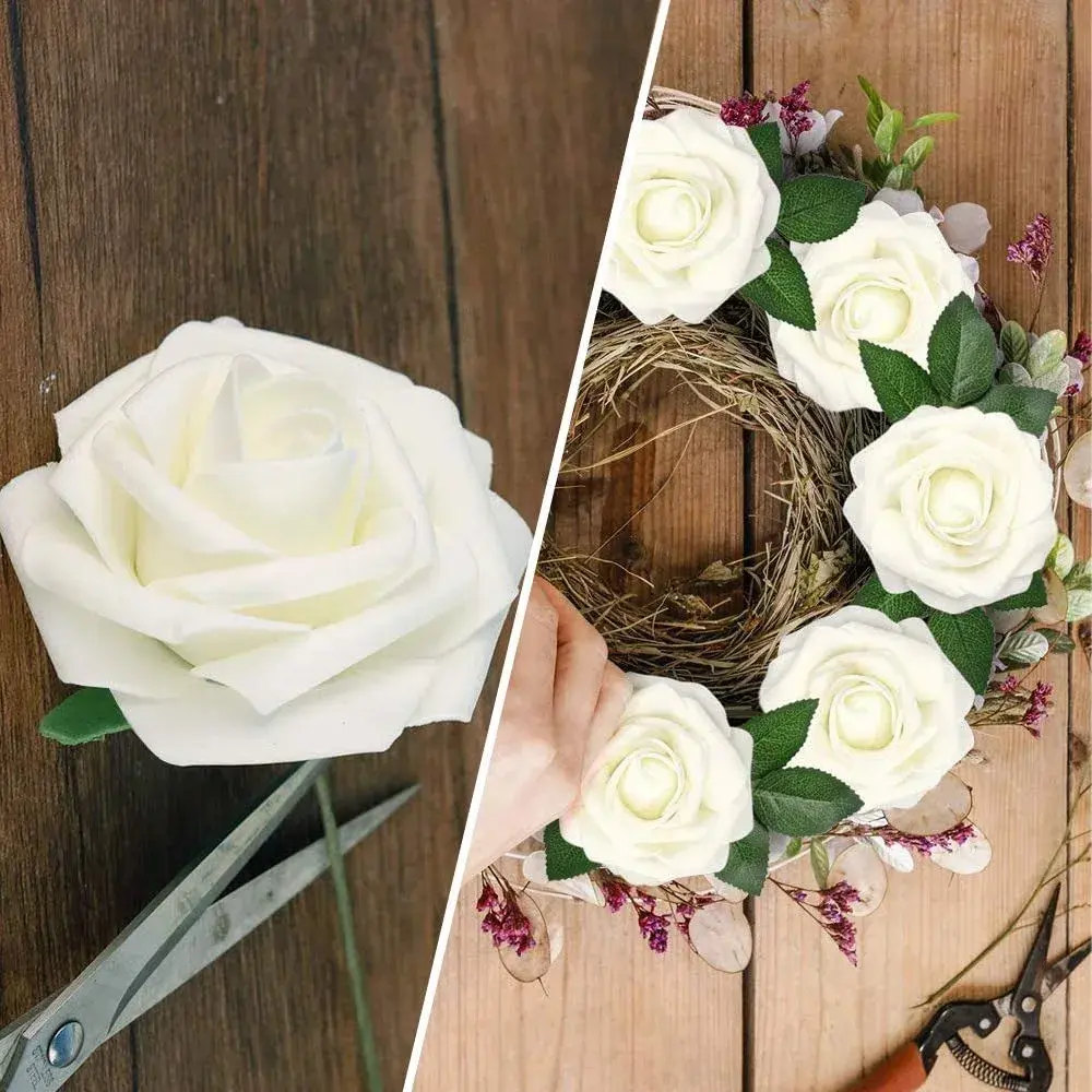 Higfra Artificial Latex Foam Roses with Stems (25 Count, Cream) | Realistic Fake Flowers for DIY Arrangements - view 4
