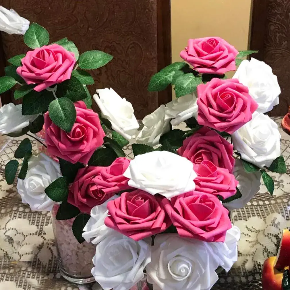 Higfra Artificial Roses 25pcs Peach Latex Foam Flowers with Stems | 7.6 cm (3 Inch) Rose Heads, 20.3 cm (8 Inch) Stems - view 2