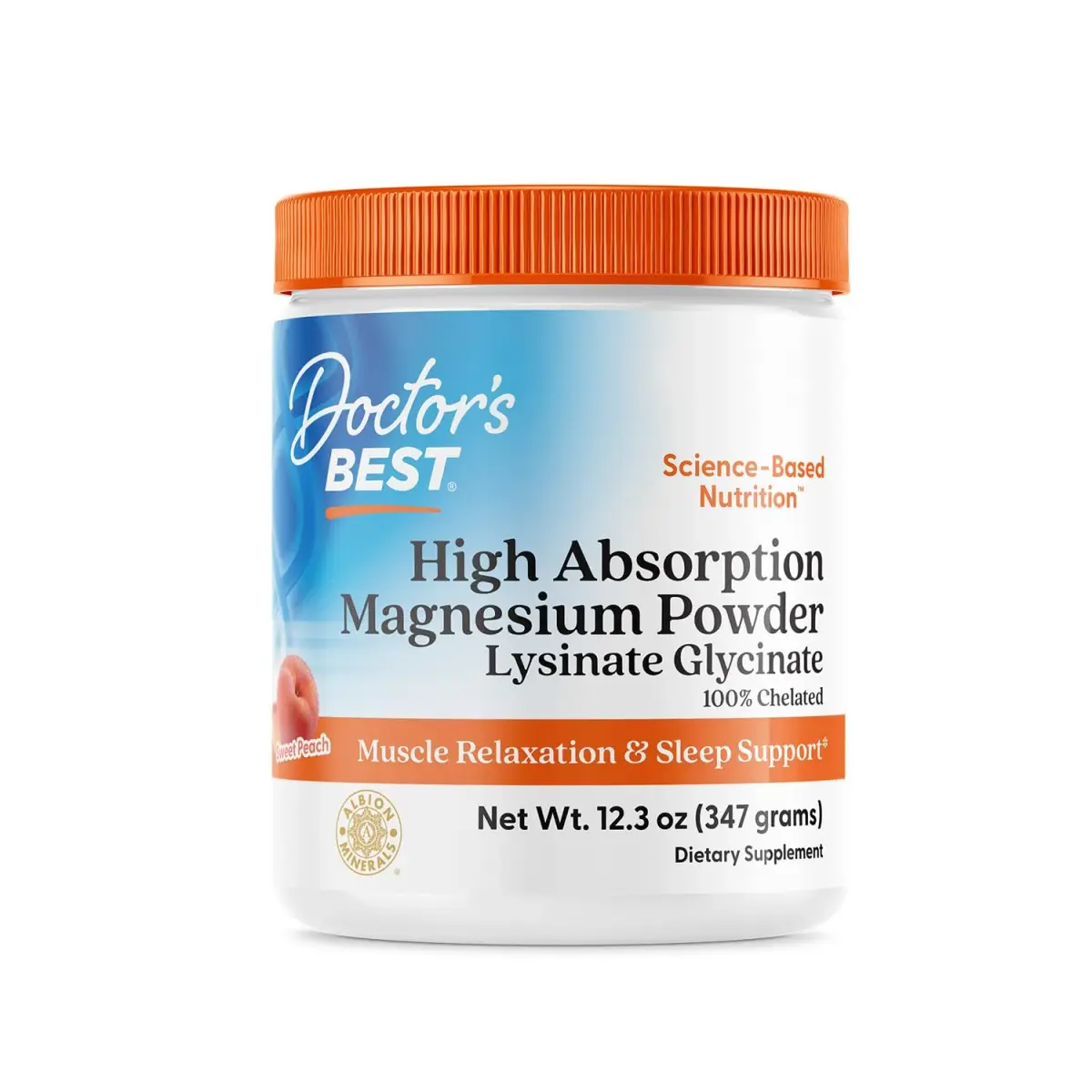 Doctor's Best Magnesium Glycinate Powder Peach Flavor 12.3 oz (349 g) | High Absorption Supplement for Calm & Sleep - main product image