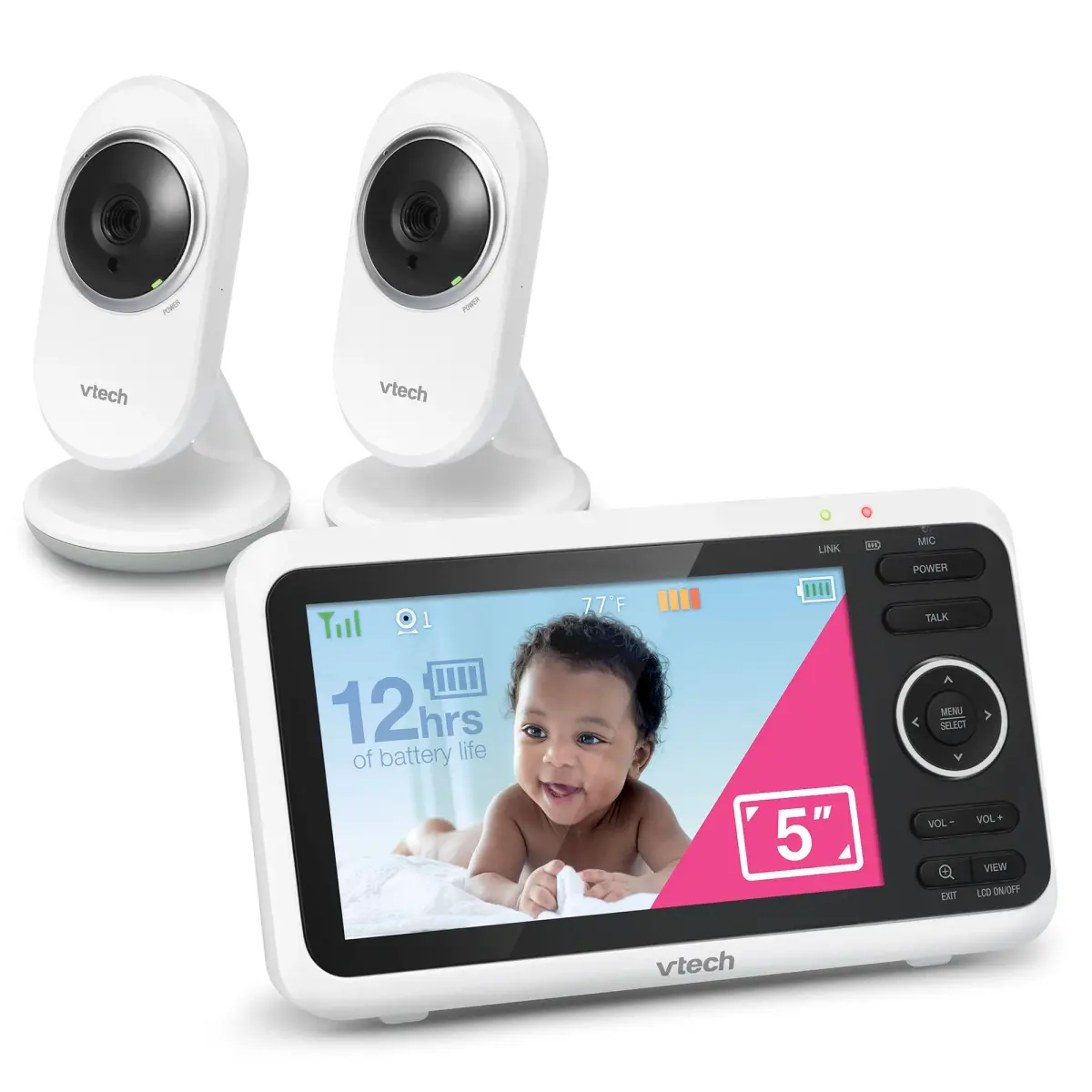 VTech VM350-2 Baby Monitor with 2 Cameras & 5" Screen | No WiFi, 1000ft Range, Night Vision, Temp Sensor - main product image