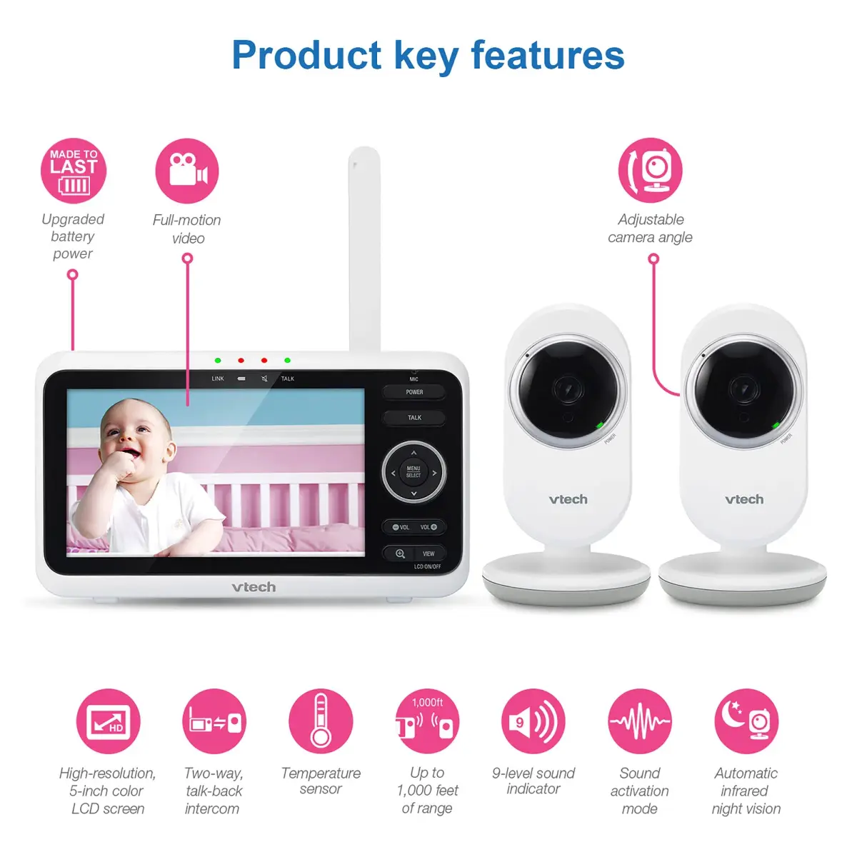VTech VM350-2 Baby Monitor with 2 Cameras & 5" Screen | No WiFi, 1000ft Range, Night Vision, Temp Sensor - view 2