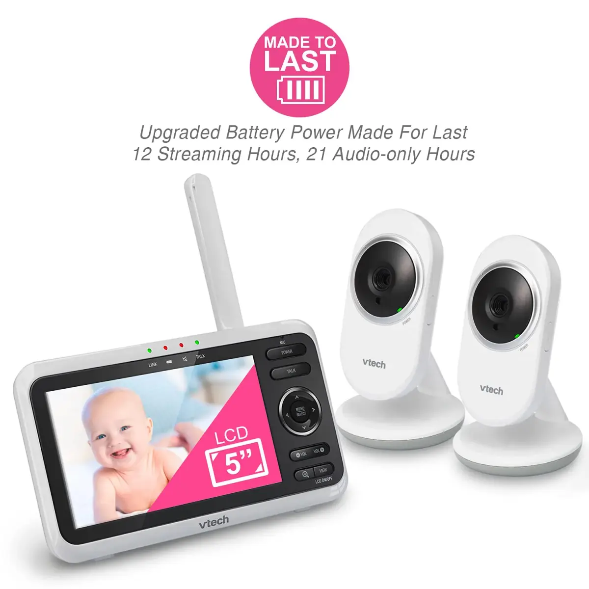 VTech VM350-2 Baby Monitor with 2 Cameras & 5" Screen | No WiFi, 1000ft Range, Night Vision, Temp Sensor - view 3