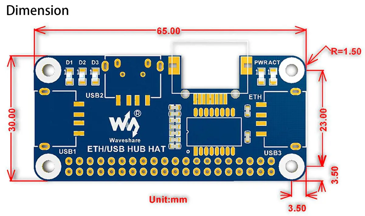 Waveshare Ethernet/USB HUB HAT for Raspberry Pi 5/4B/3B+/Zero 2W with 3x USB 2.0/1.1 Ports & RJ45 10/100M Ethernet Port | Expansion Board - view 7