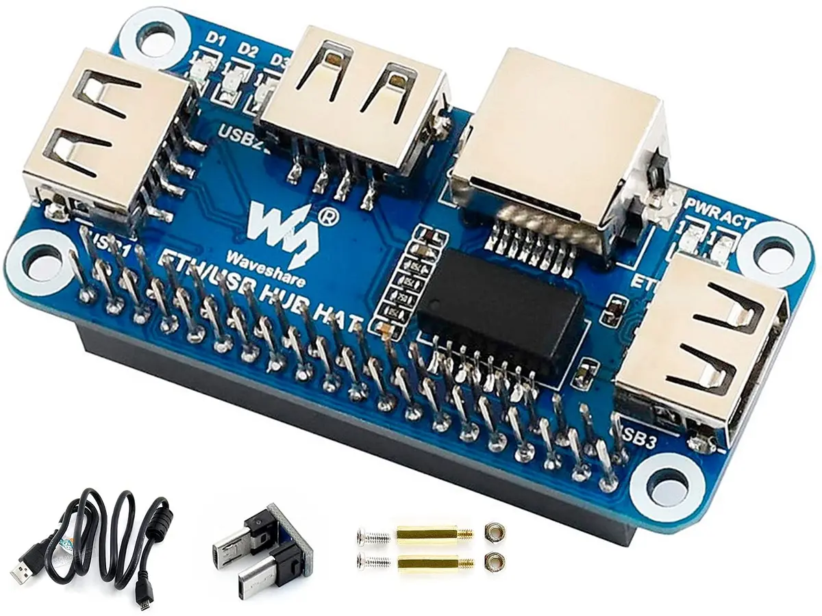 Waveshare Ethernet/USB HUB HAT for Raspberry Pi 5/4B/3B+/Zero 2W with 3x USB 2.0/1.1 Ports & RJ45 10/100M Ethernet Port | Expansion Board - view 2