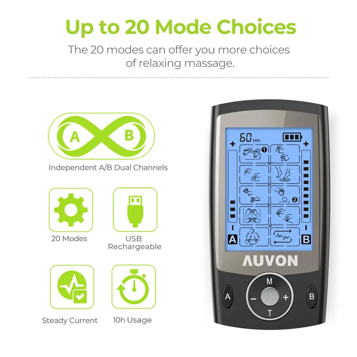 AUVON Dual Channel TENS Unit Muscle Stimulator Machine for Pain Relief, 16 Piece Set | Drug-Free Pain Management - view 4
