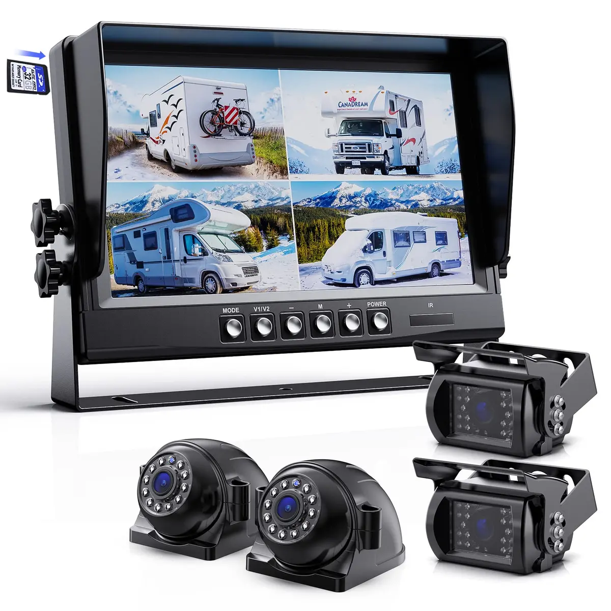 eRapta 1080P Wired Vehicle Safety Camera System Kit, 9" HD DVR Monitor | IP69K Waterproof, 4 HD Cameras, Night Vision, 12-36V - main product image