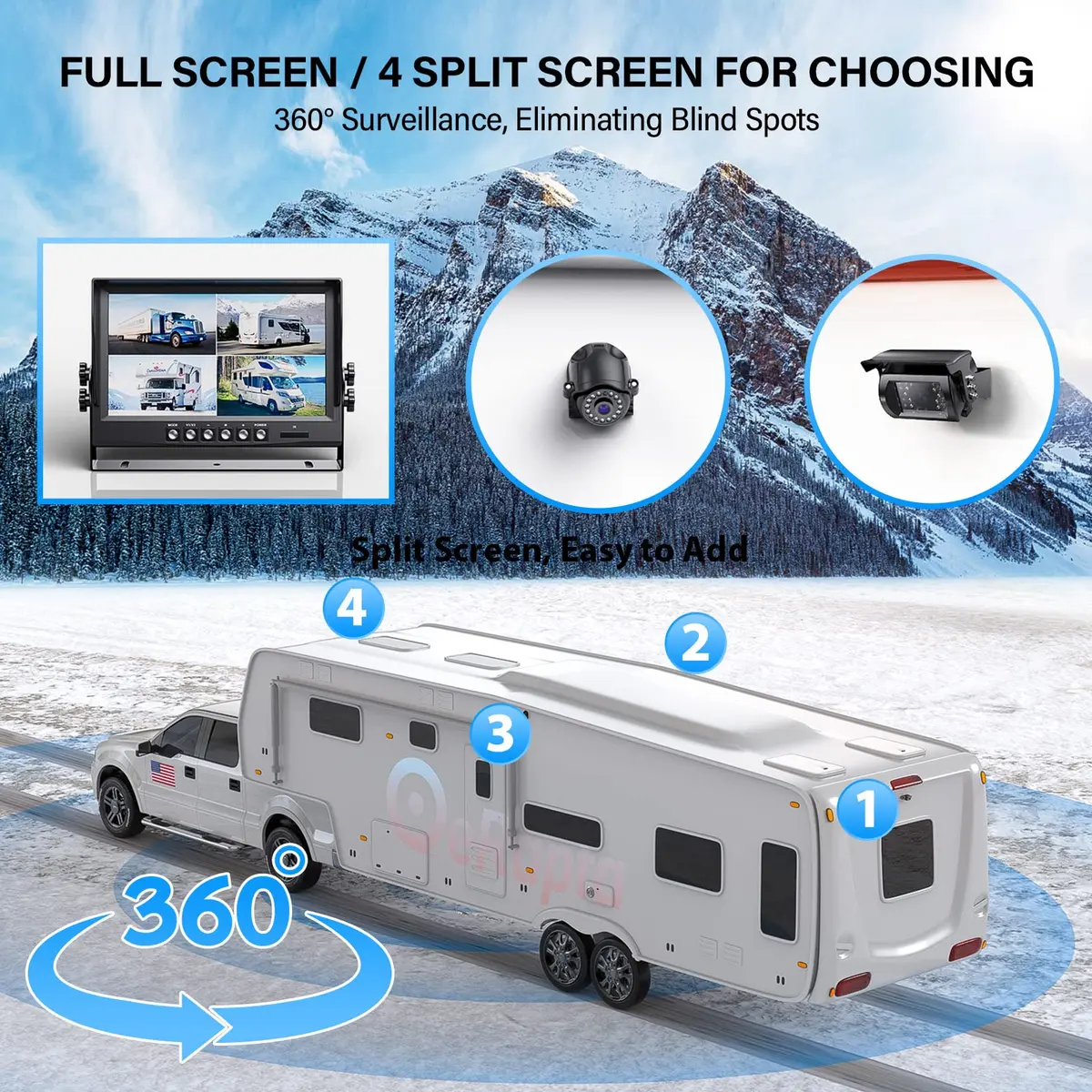 eRapta 1080P Wired Vehicle Safety Camera System Kit, 9" HD DVR Monitor | IP69K Waterproof, 4 HD Cameras, Night Vision, 12-36V - view 5