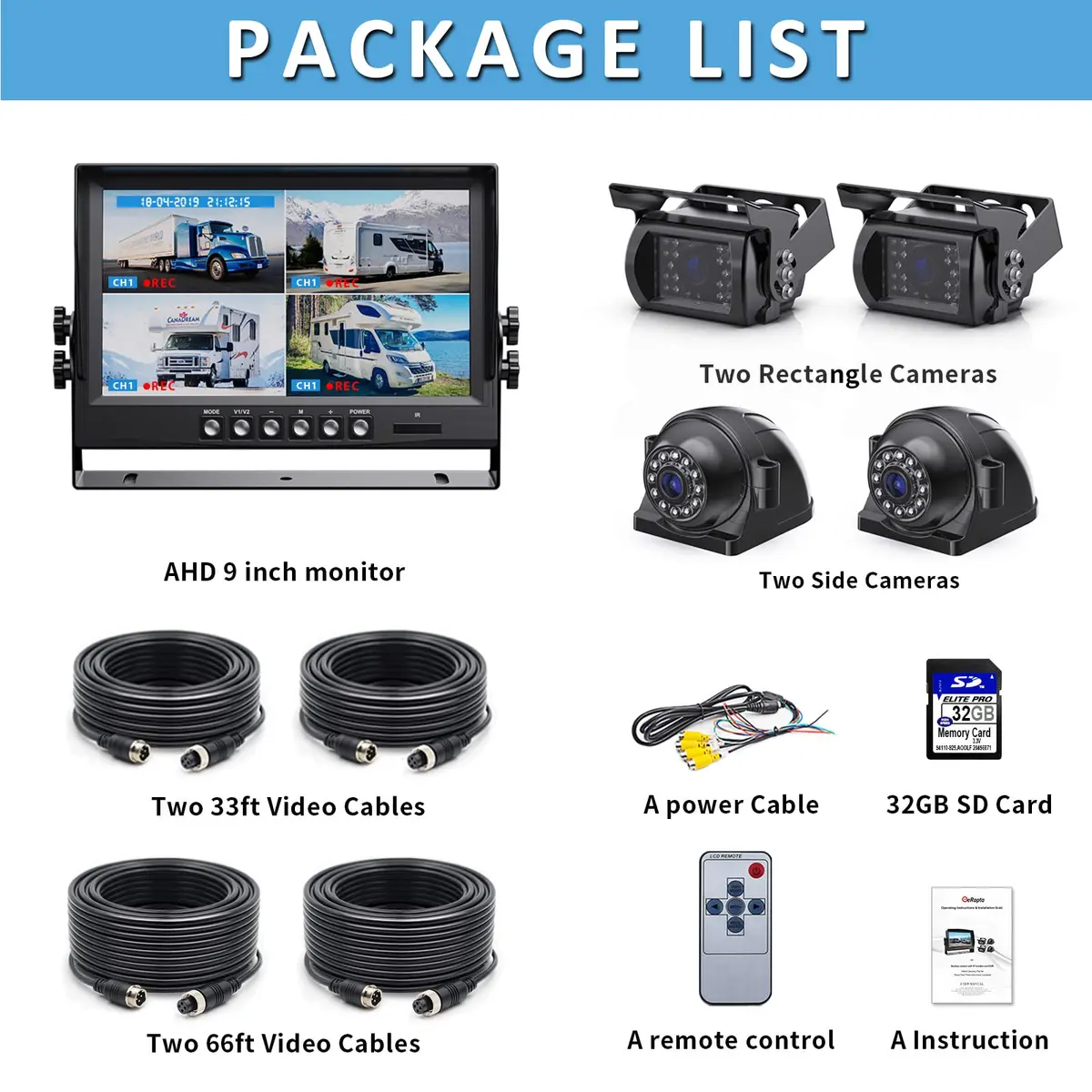 eRapta 1080P Wired Vehicle Safety Camera System Kit, 9" HD DVR Monitor | IP69K Waterproof, 4 HD Cameras, Night Vision, 12-36V - view 8