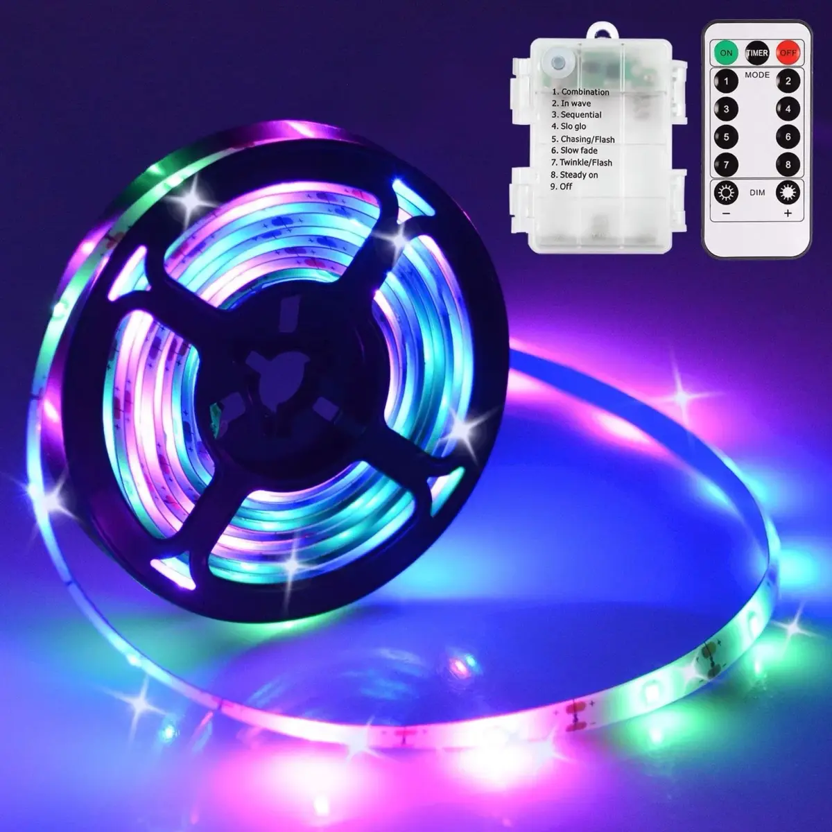 echosari Multicolor LED Strip Lights, 9.8ft (3m) Battery Operated with Remote, 8 Modes, Dimmable, Timer, Self-Adhesive - main product image