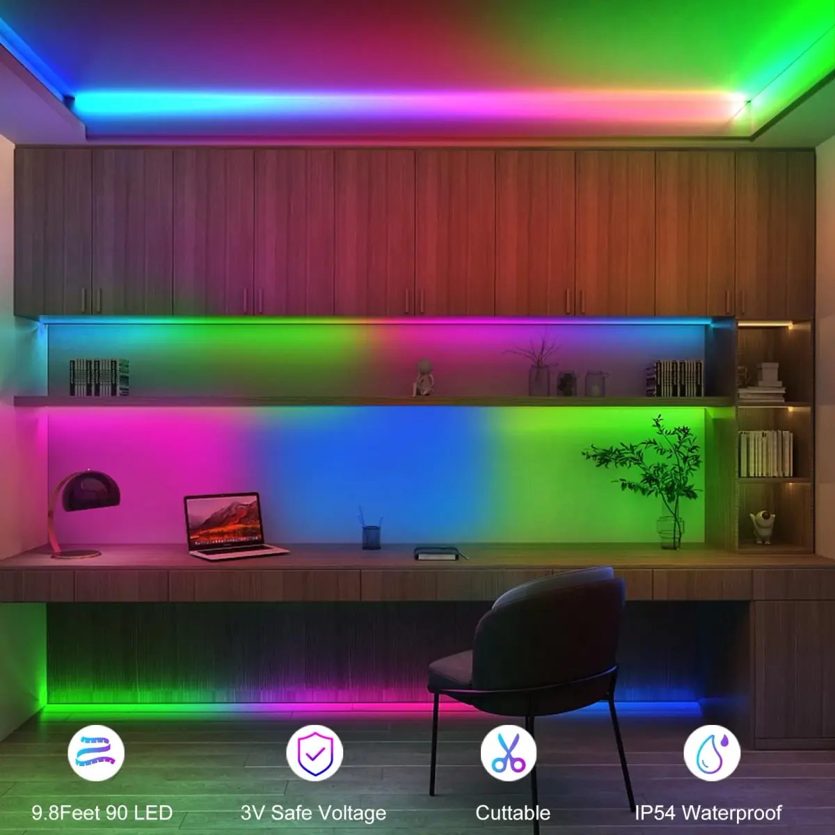 echosari Multicolor LED Strip Lights, 9.8ft (3m) Battery Operated with Remote, 8 Modes, Dimmable, Timer, Self-Adhesive - view 4