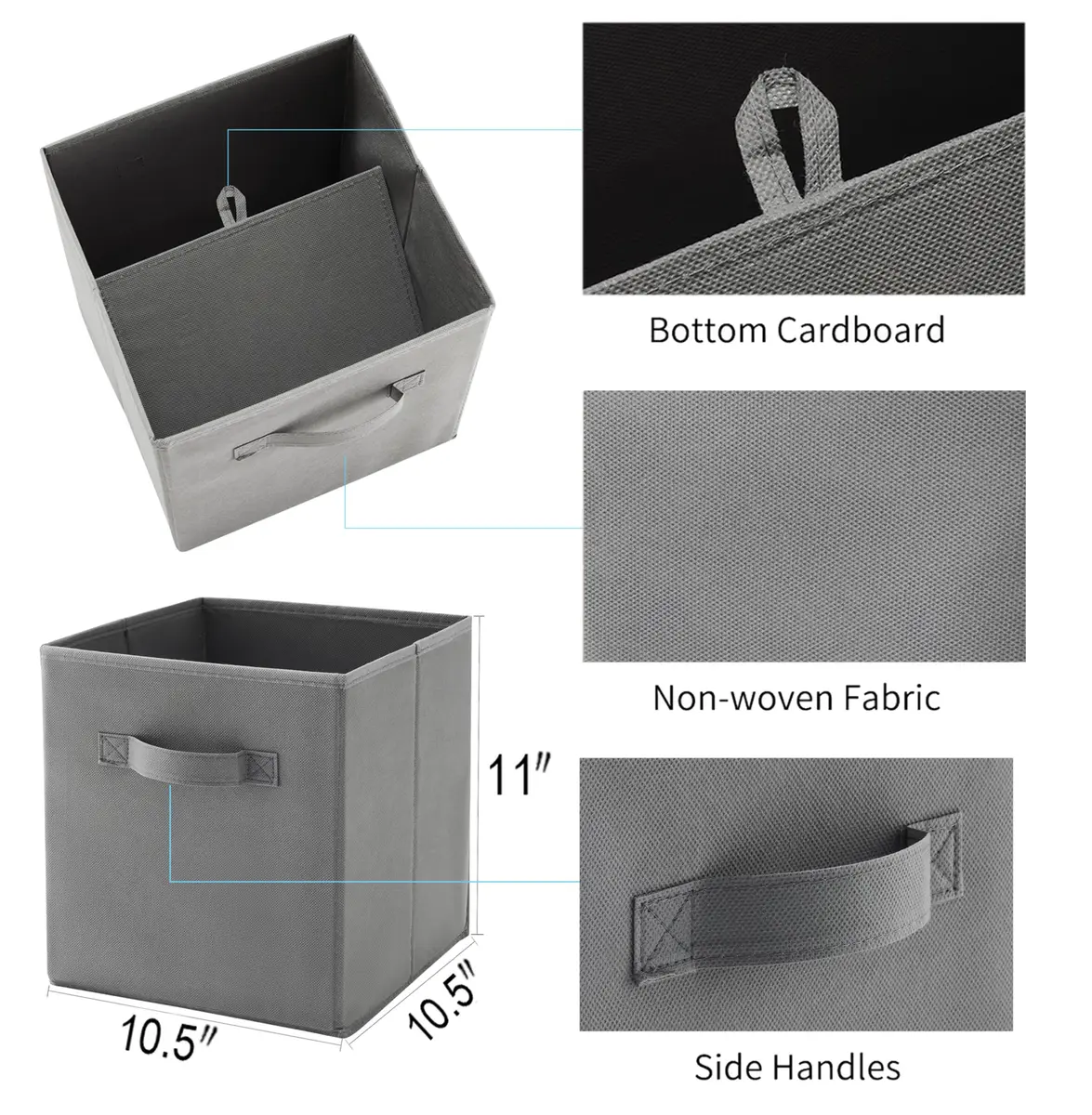 MAX Houser 6 Pack Foldable Fabric Storage Bins, Grey 10.5x10.5x11 Inch | Space-Saving Collapsible Organizer - view 3