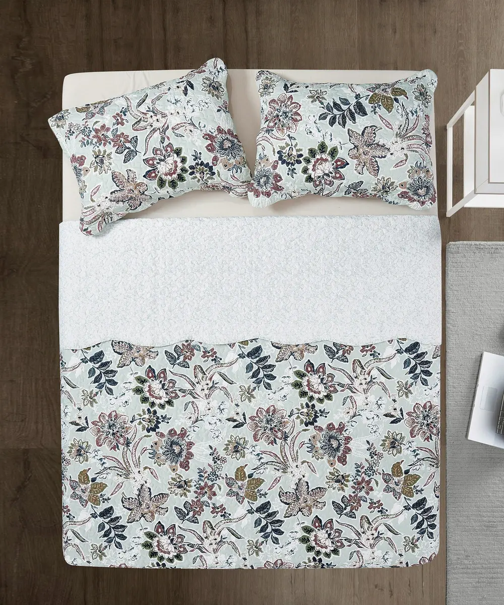 Brilliant Sunshine Green Bedding Set Full/Queen | Vintage Floral Design, All Seasons, Microfiber - view 3