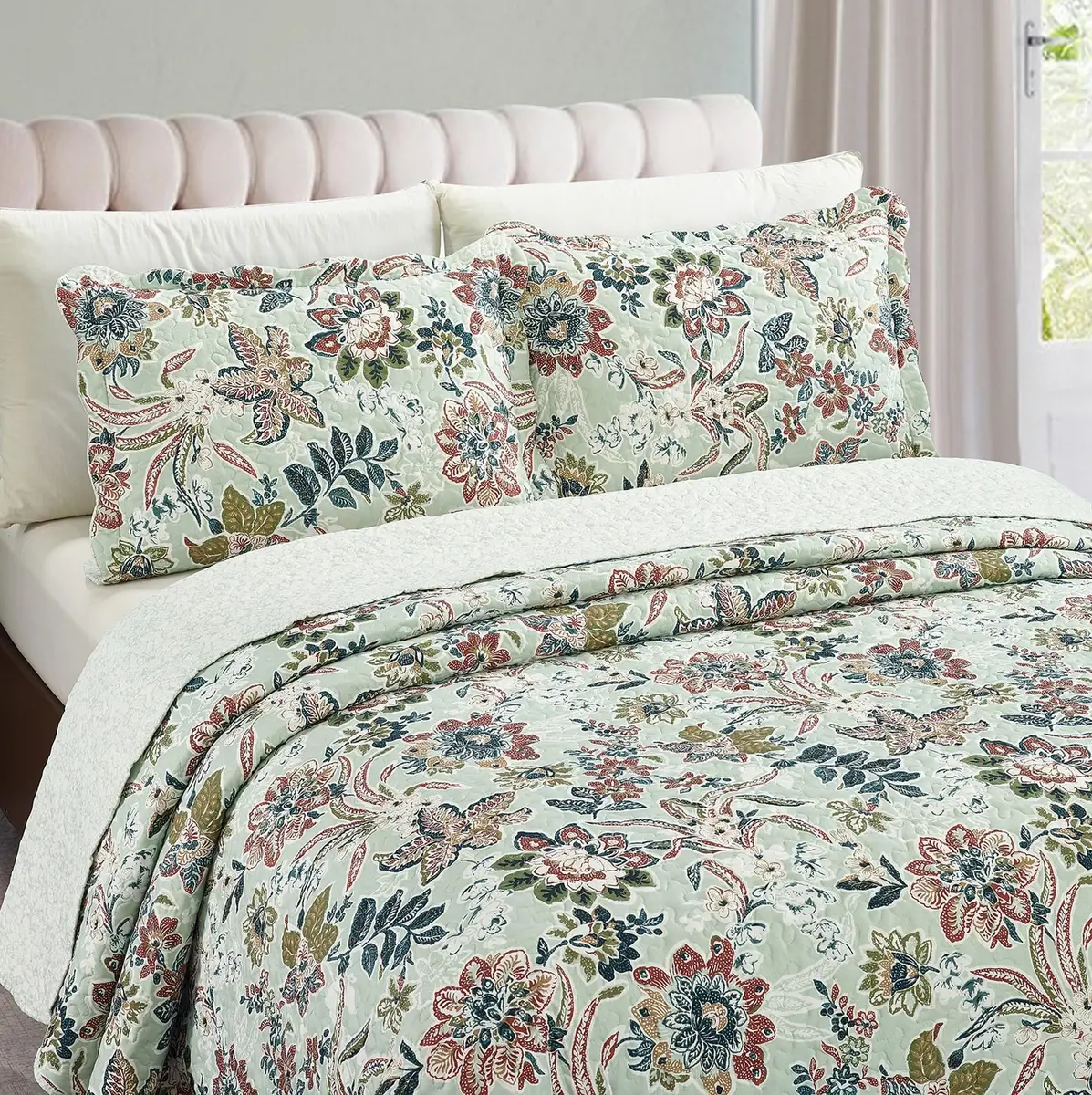 Brilliant Sunshine Green Bedding Set Full/Queen | Vintage Floral Design, All Seasons, Microfiber - view 4