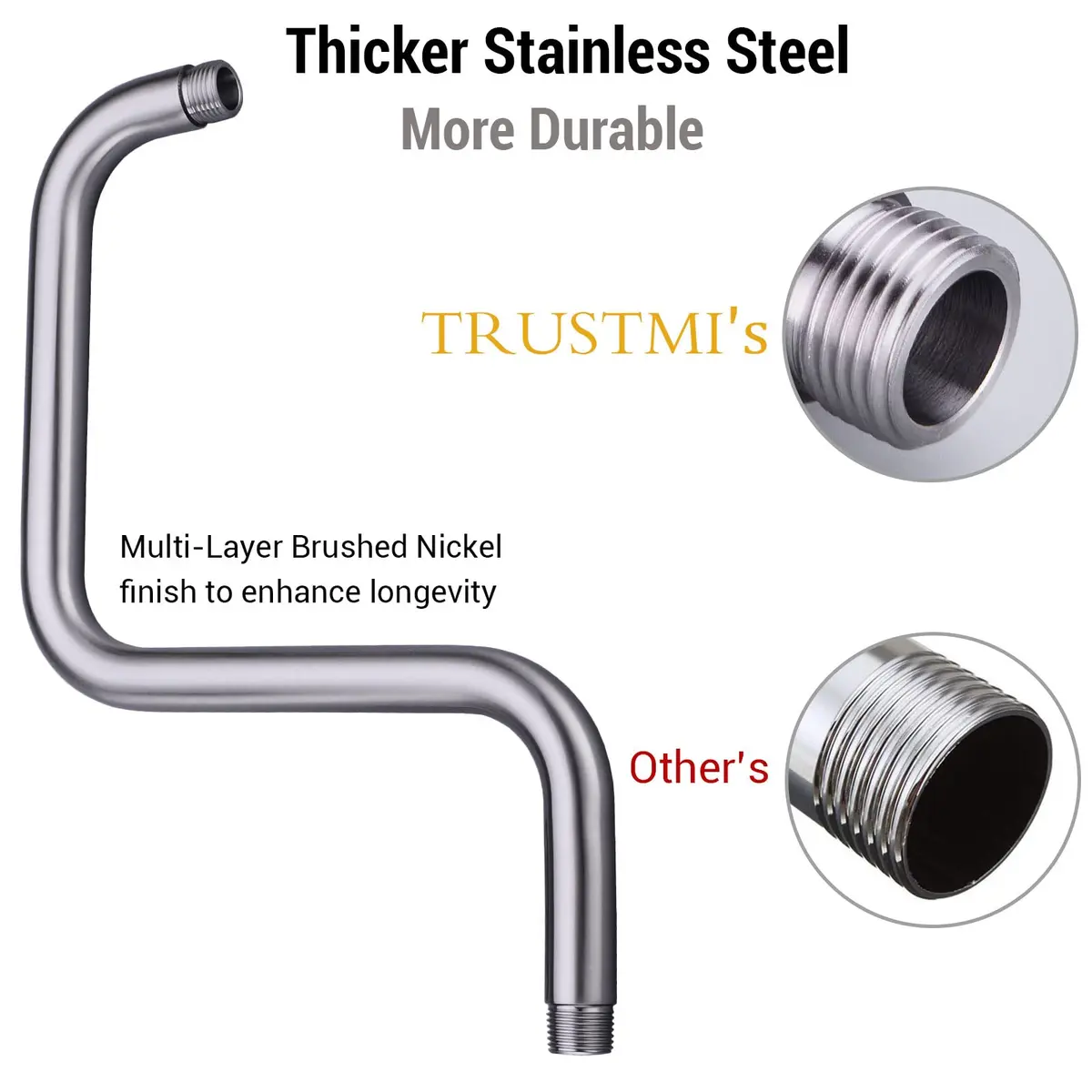 TRUSTMI Shower Arm with Flange, 13 Inch Stainless Steel, Brushed Nickel | High Rise Rainfall Extension - view 4