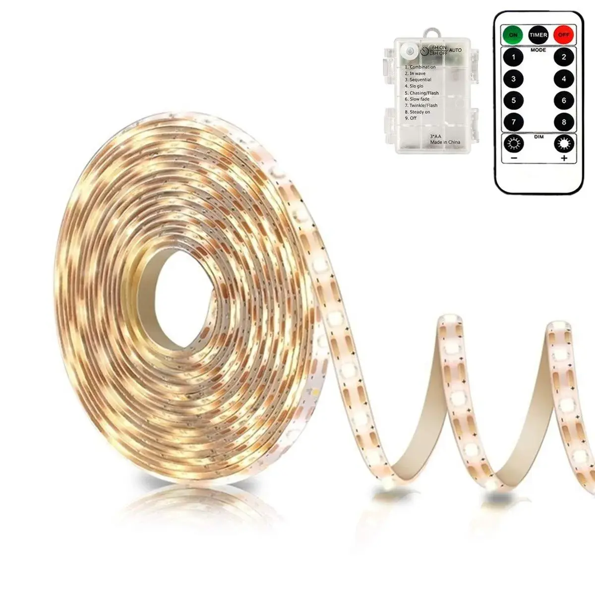 echosari Battery Powered LED Strip Lights 3m (9.8ft) with Remote, 8 Modes, Timer, Warm White | Dimmable & Cuttable for TV, Kitchen, Bedroom Decor - main product image