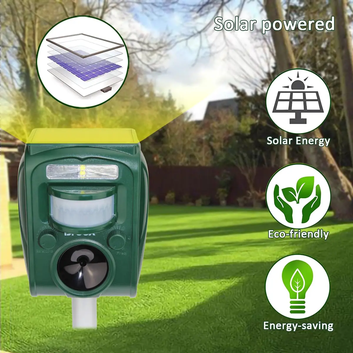 Broox Solar Animal Repellent Ultrasonic Pest Repeller with Motion Detection & LED Flashing Light | 11.5cm (4.5in) Width - view 3
