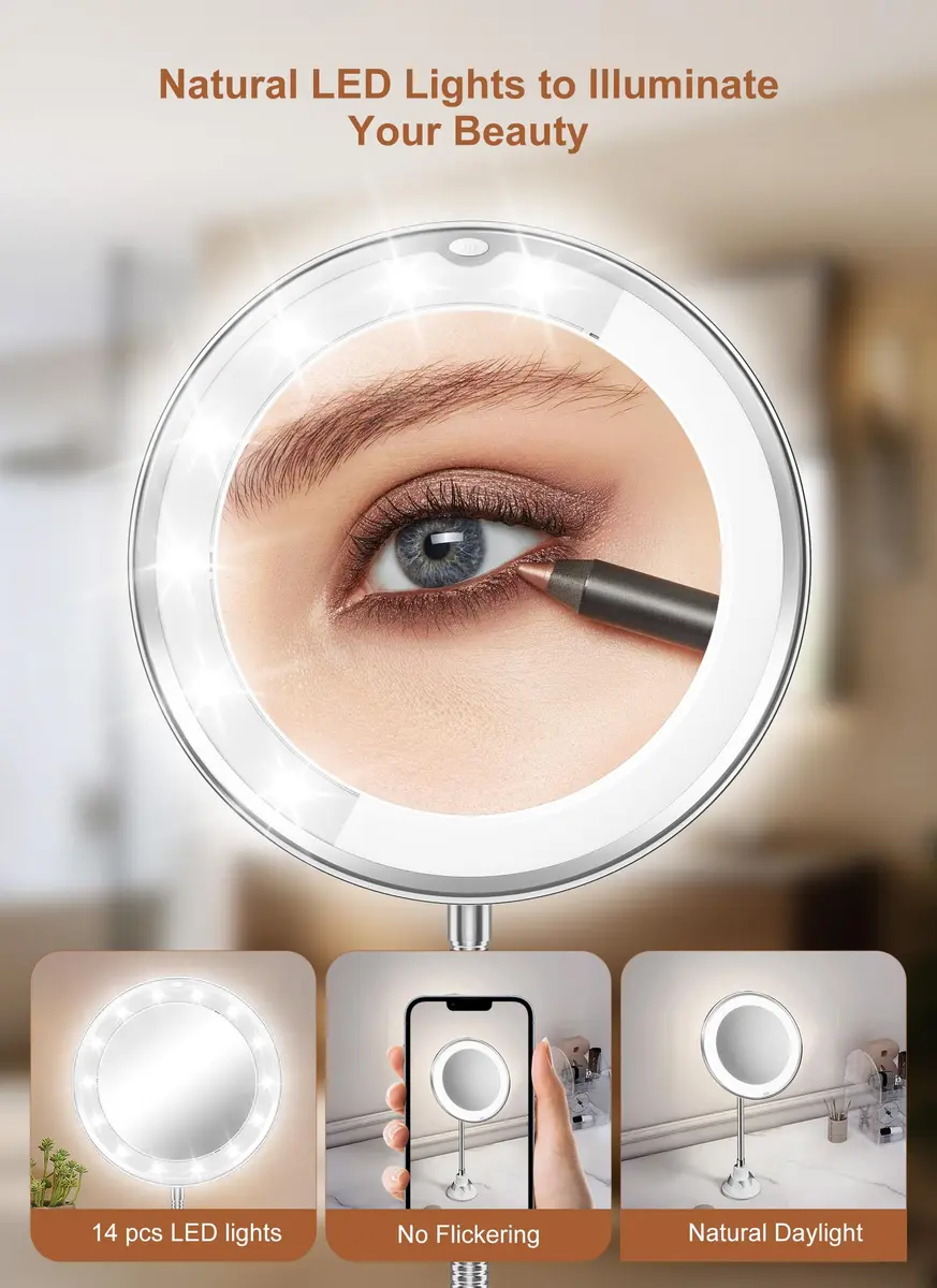Brightown 10x Magnifying Makeup Mirror with Light & Flexible Gooseneck, 7.5 inch Round Mirror | Battery Operated Suction Mount - view 4
