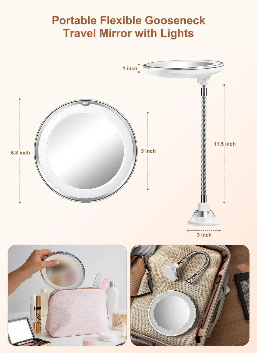 Brightown 10x Magnifying Makeup Mirror with Light & Flexible Gooseneck, 7.5 inch Round Mirror | Battery Operated Suction Mount - view 6
