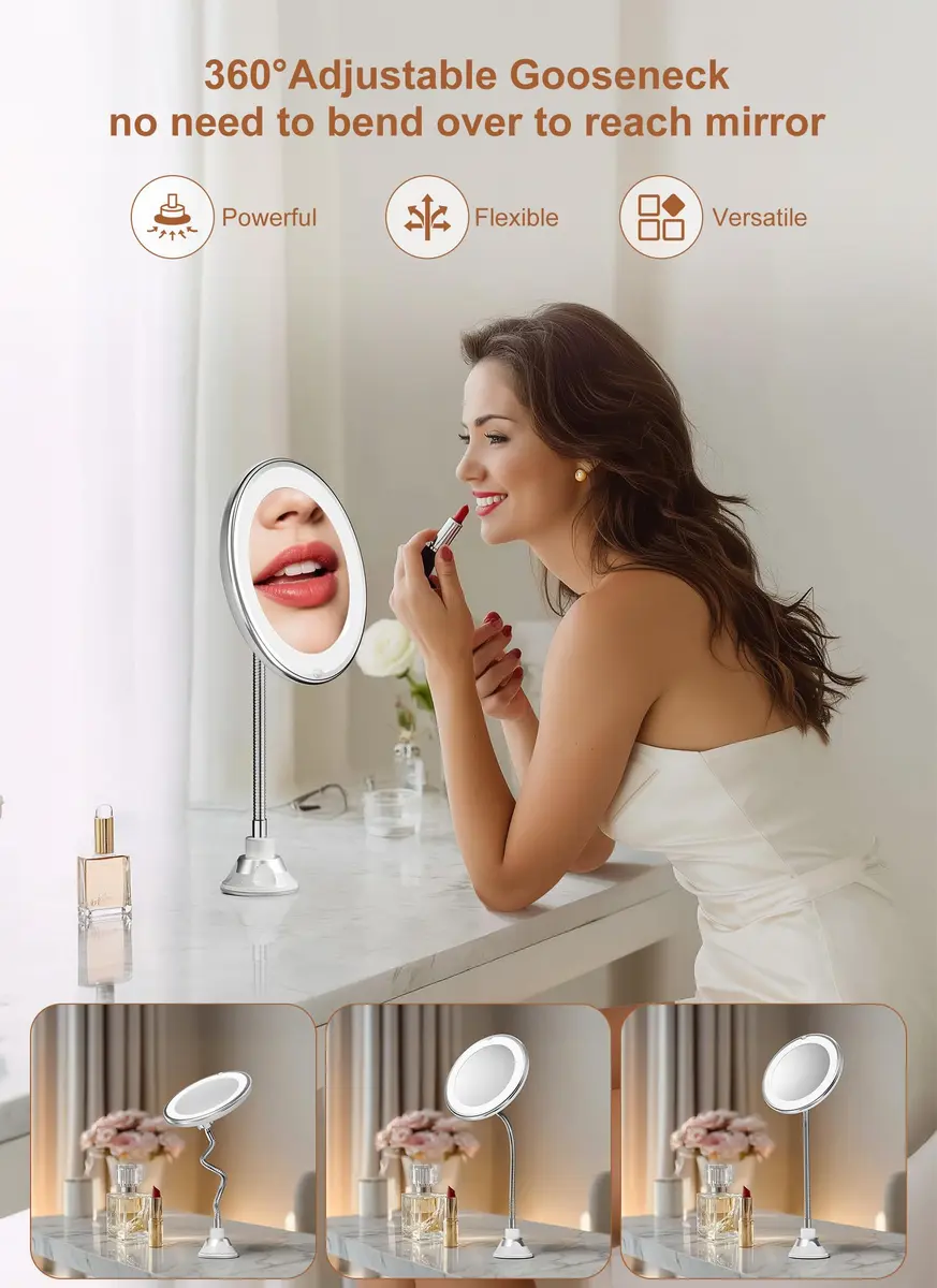 Brightown 10x Magnifying Makeup Mirror with Light & Flexible Gooseneck, 7.5 inch Round Mirror | Battery Operated Suction Mount - view 7