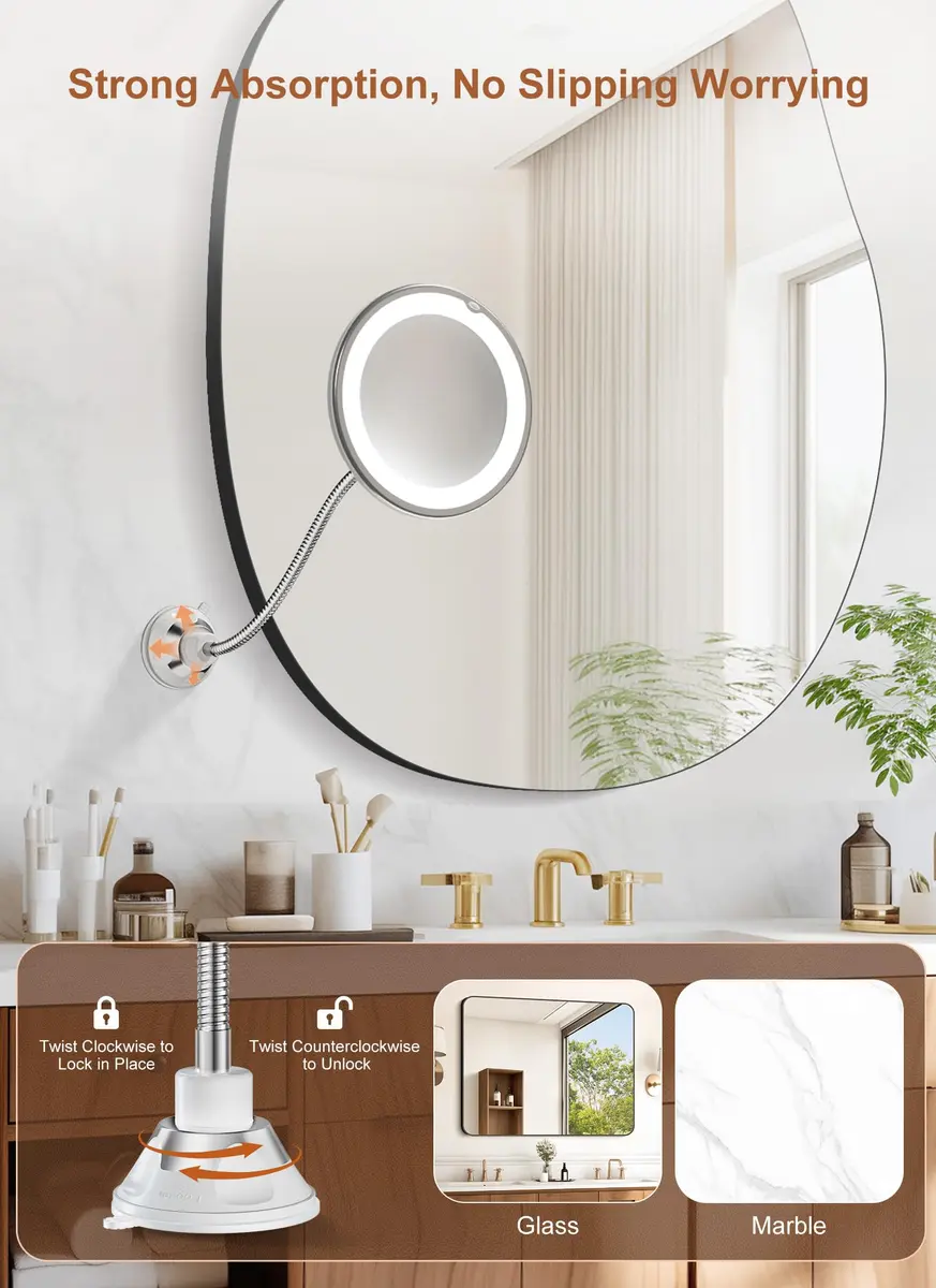 Brightown 10x Magnifying Makeup Mirror with Light & Flexible Gooseneck, 7.5 inch Round Mirror | Battery Operated Suction Mount - view 3