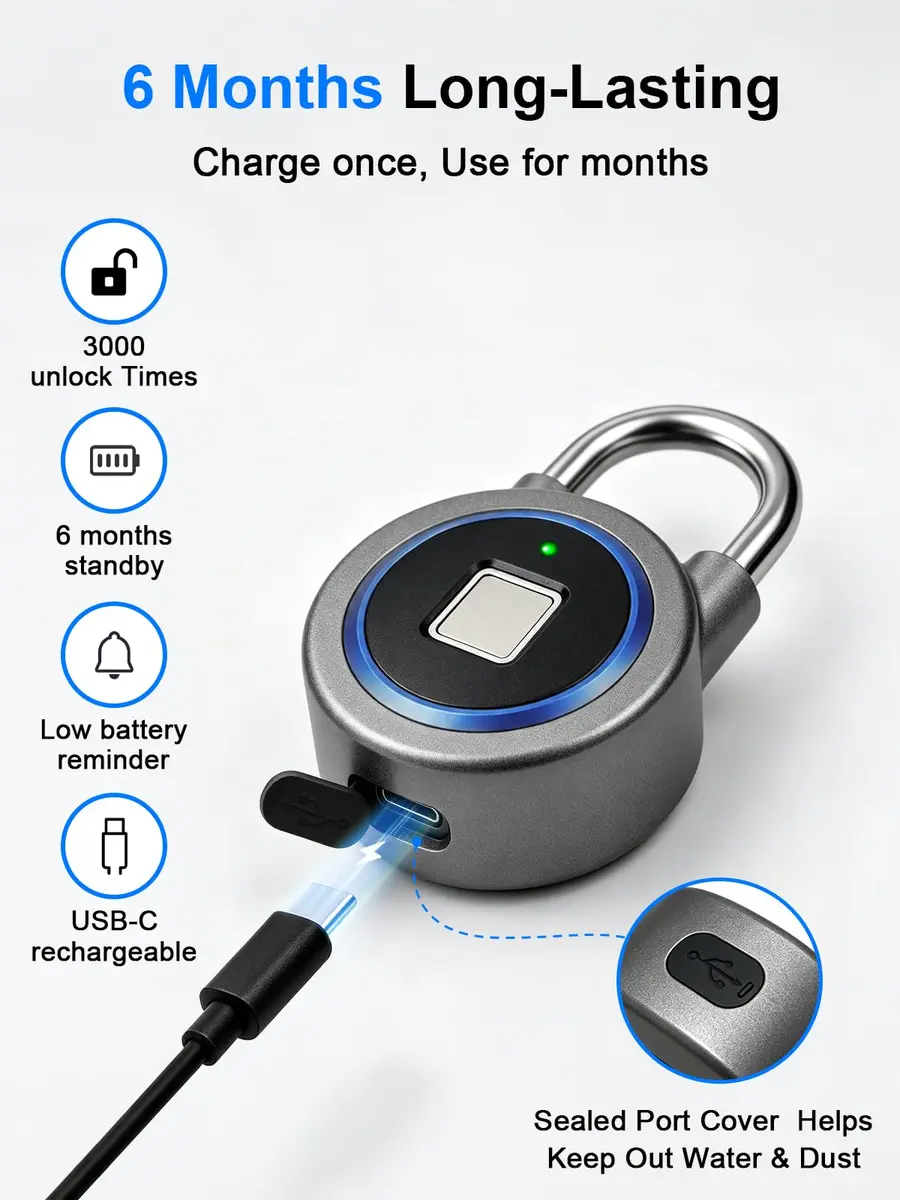 MEGAFEIS Biometric Fingerprint Padlock Blue 1.97in (5cm) Shackle | Bluetooth App Control - view 5