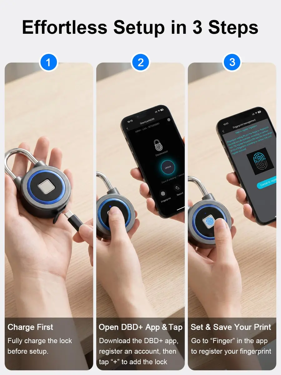 MEGAFEIS Biometric Fingerprint Padlock Blue 1.97in (5cm) Shackle | Bluetooth App Control - view 8