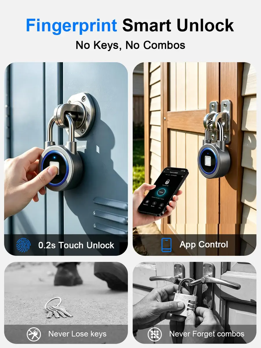 MEGAFEIS Biometric Fingerprint Padlock Blue 1.97in (5cm) Shackle | Bluetooth App Control - view 2