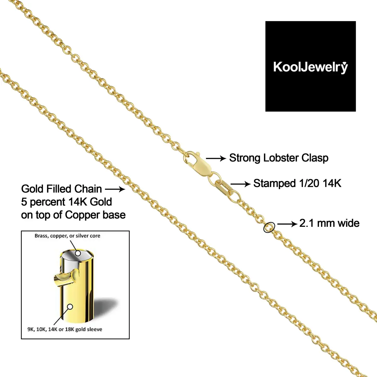 Kooljewelry 14k Gold Filled Cable Chain Necklace 20 inch (50.8 cm) | Elegant Yellow Gold Finish - view 3