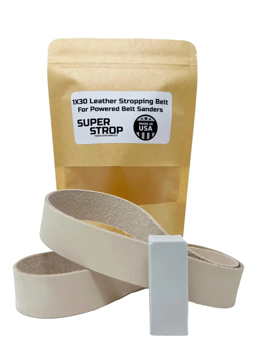 Super Strop 1x30 inch Leather Honing Strop Belt with White Buffing Compound | Fits 1x30 Belt Sanders - main product image