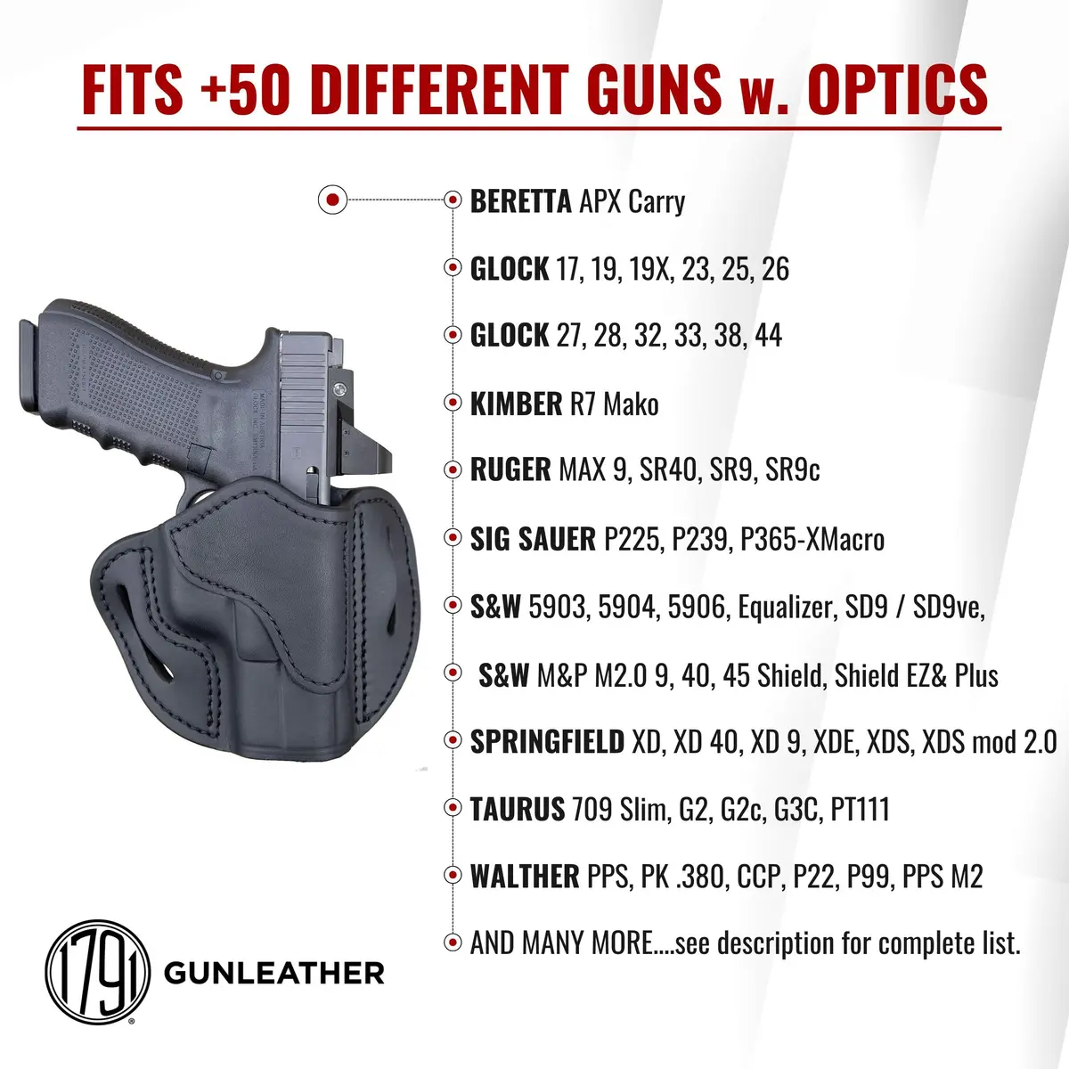 1791 GUNLEATHER OWB Holster Fits Glock 19, 26, 27, Shield Plus, VP40, XDS | Concealed Carry Leather Holster - view 3
