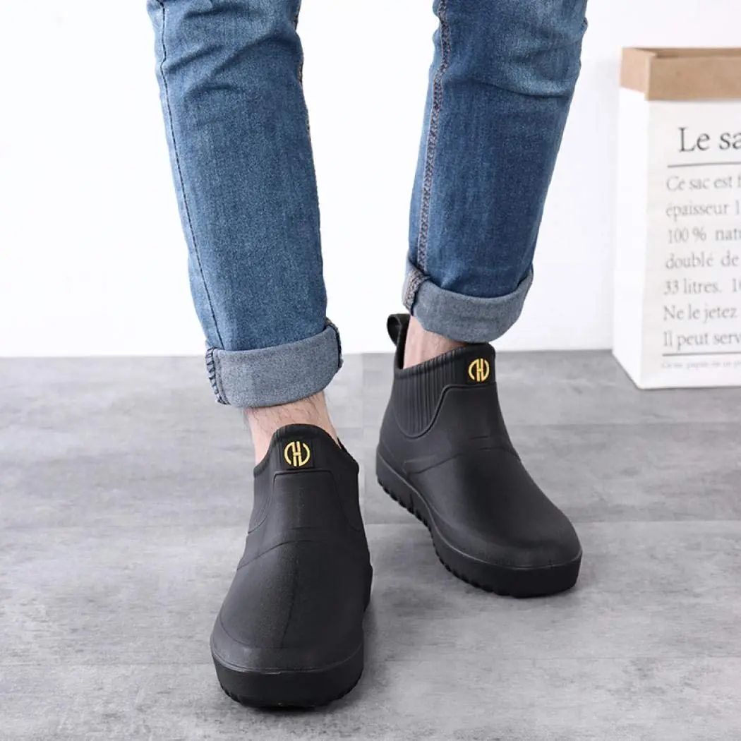 jessie Men's Waterproof Ankle Rain Boots Slip On Rubber Casual Shoes (US 8.5, Black) - view 2