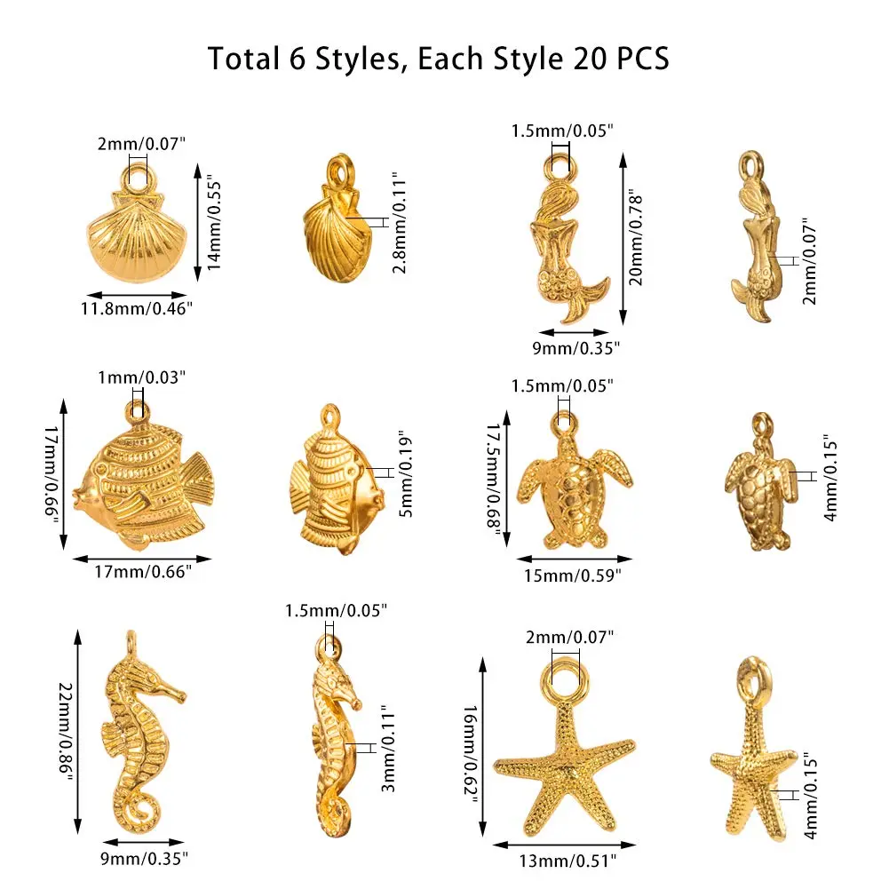 PH PandaHall 120pcs Golden Ocean Animals Charms | 1-2mm Hole Size - view 2