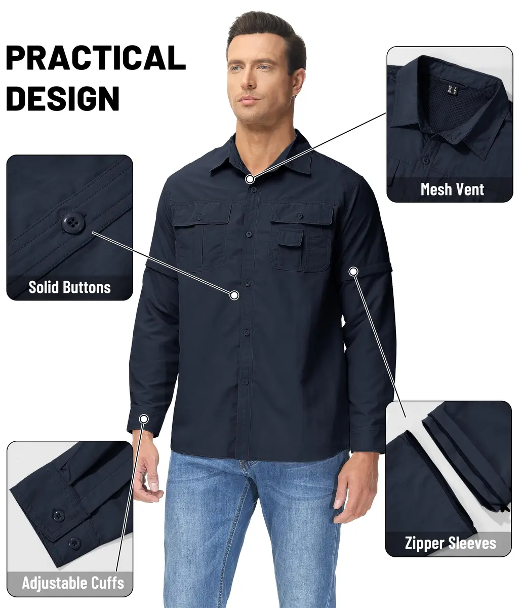 TACVASEN Men's Zip Off Hiking Shirts Long Sleeve Navy XL | Breathable Quick-Dry Nylon - view 7