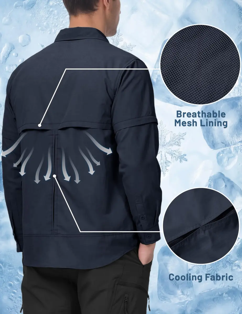 TACVASEN Men's Zip Off Hiking Shirts Long Sleeve Navy XL | Breathable Quick-Dry Nylon - view 3